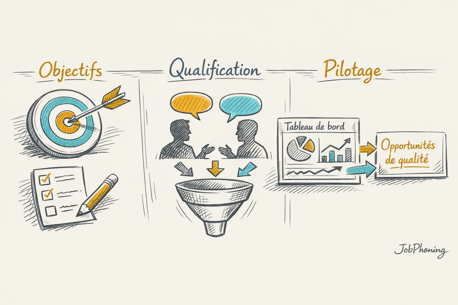Schéma représentant la préparation d’une équipe de téléprospection via étapes reliées et icônes abstraites