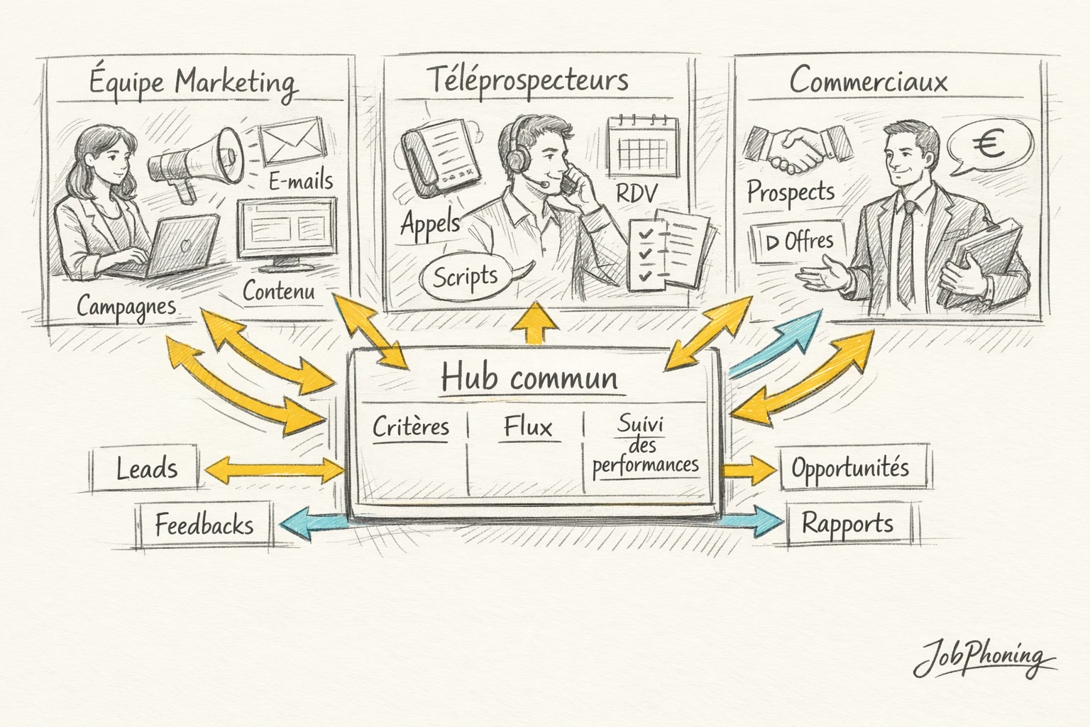 Schéma représentant la coordination téléprospection-marketing-ventes via un hub central connecté à plusieurs formes géométriques.