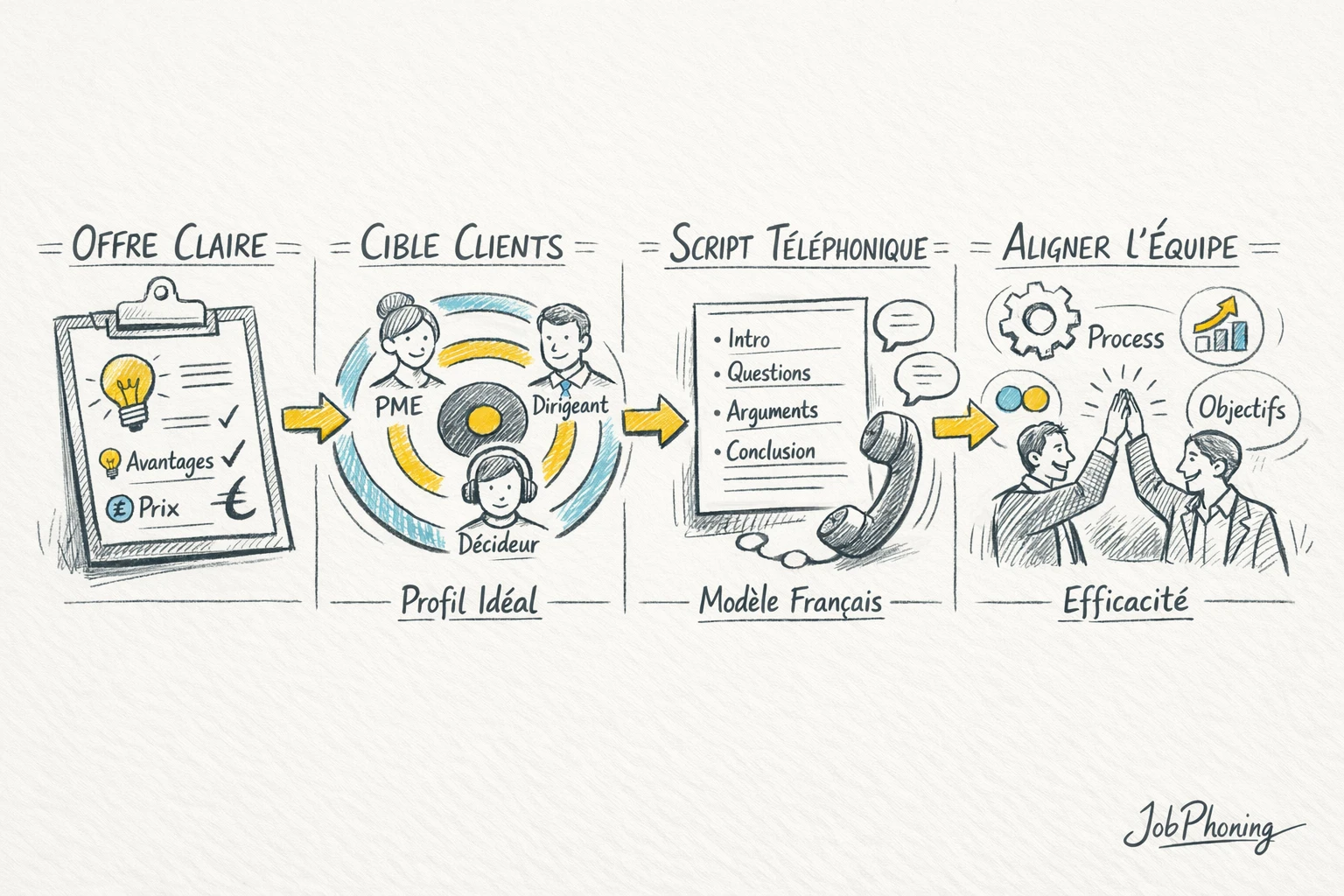 Schéma représentant la préparation d’une offre commerciale via enchaînement de blocs reliés par des flèches