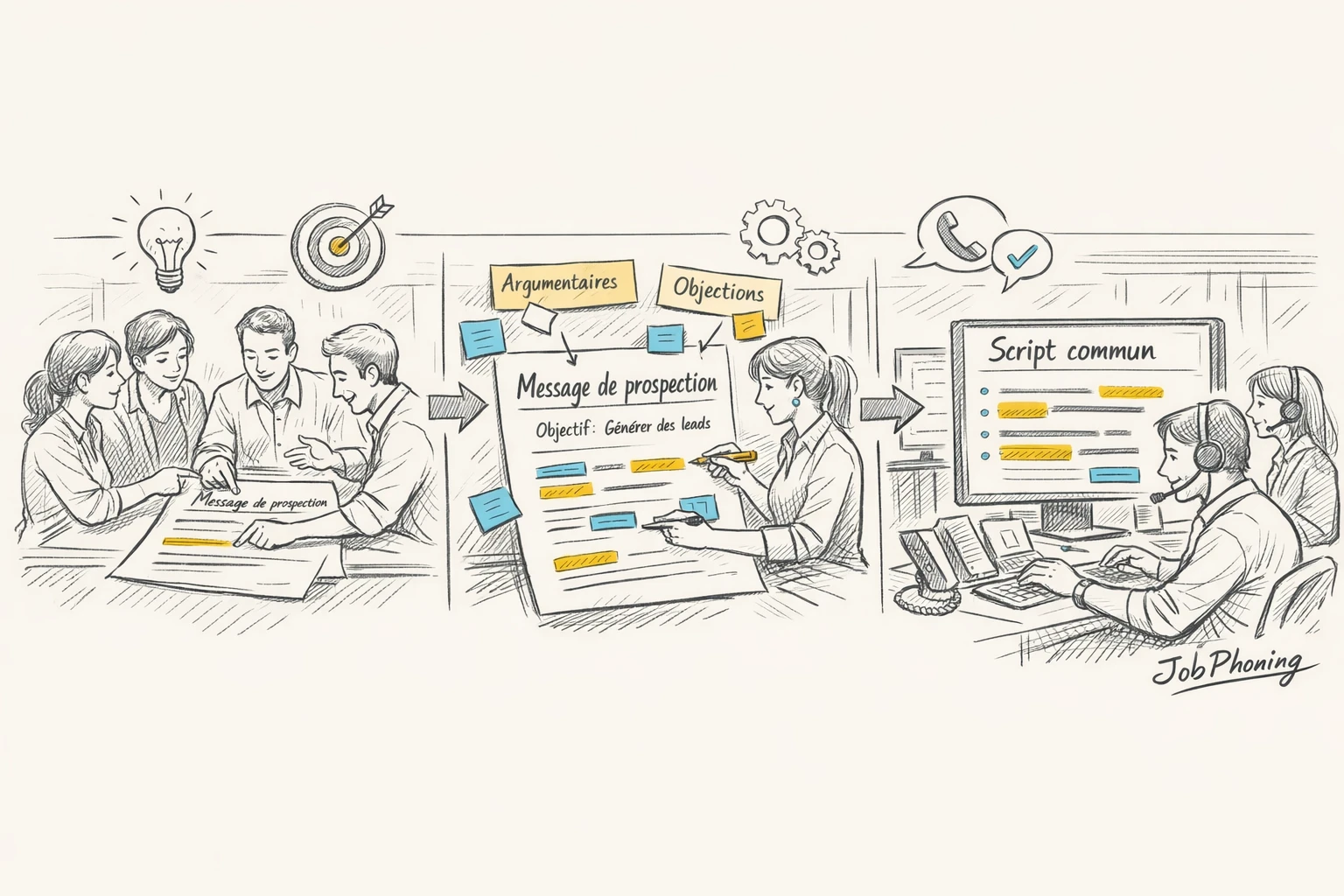 Schéma représentant la préparation collective du message via un noyau central connecté à plusieurs blocs