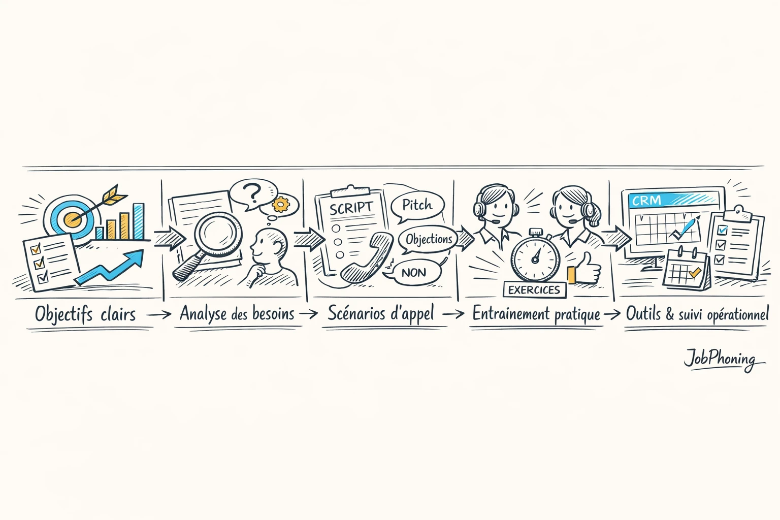Schéma représentant la préparation d’une formation téléphonique via enchaînement de blocs et flèches épurées.
