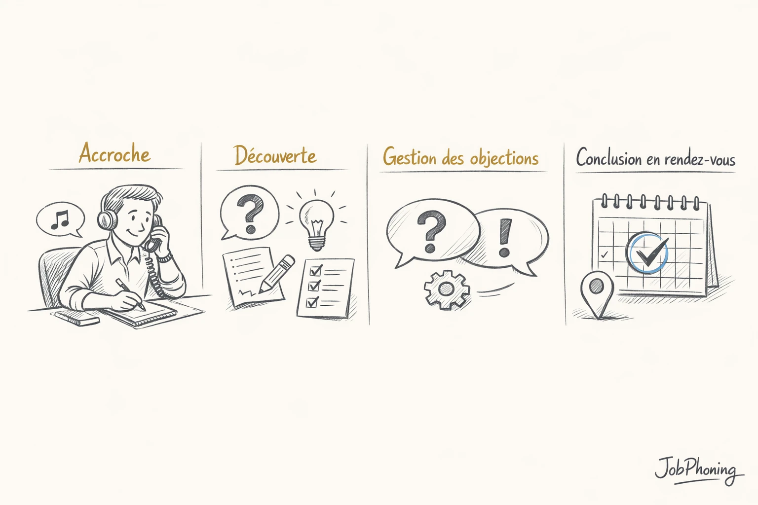 Schéma représentant les étapes d’un appel structuré via blocs alignés reliés par des flèches.