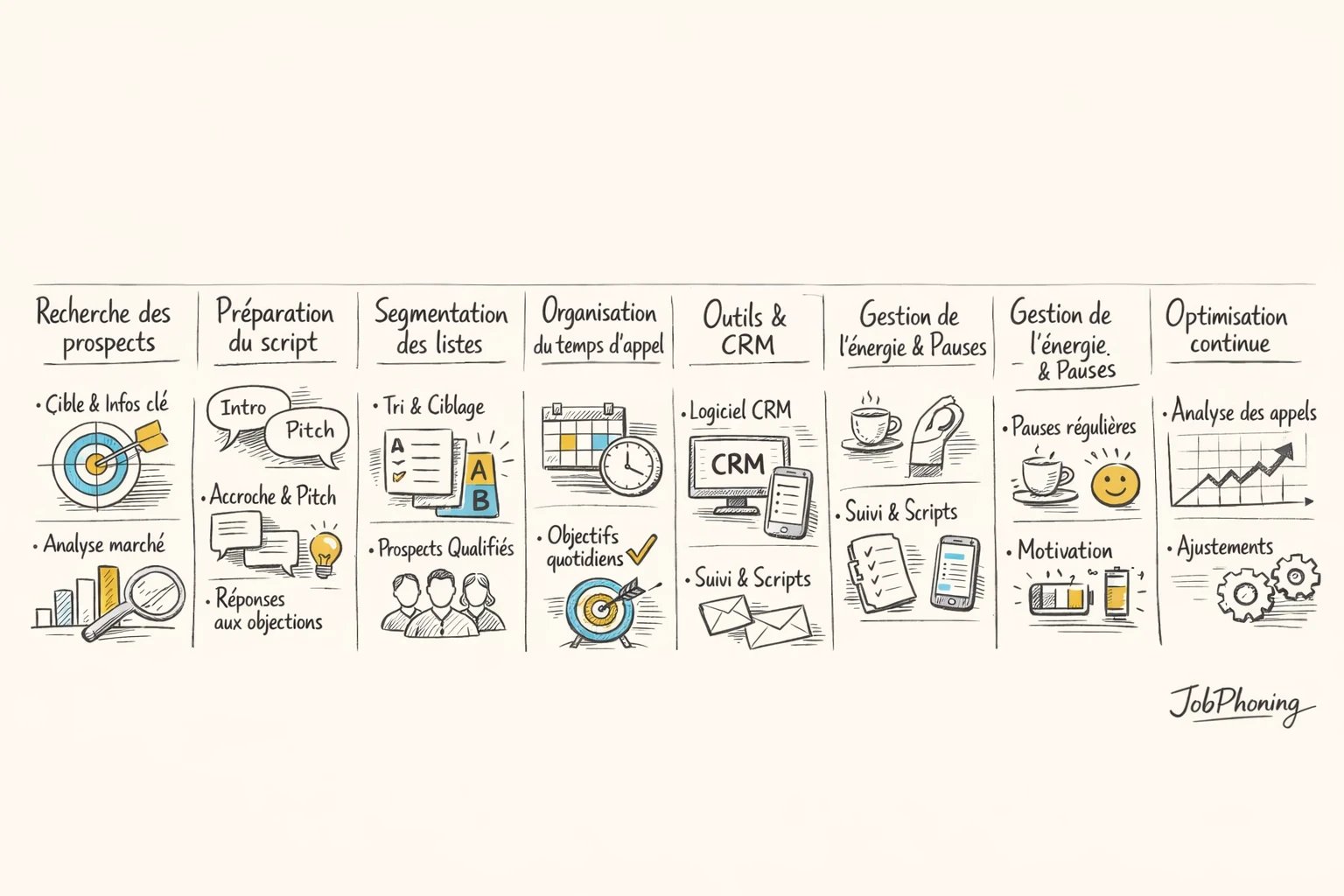 Schéma représentant la préparation d’appels commerciaux via enchaînement de blocs et flèches minimalistes