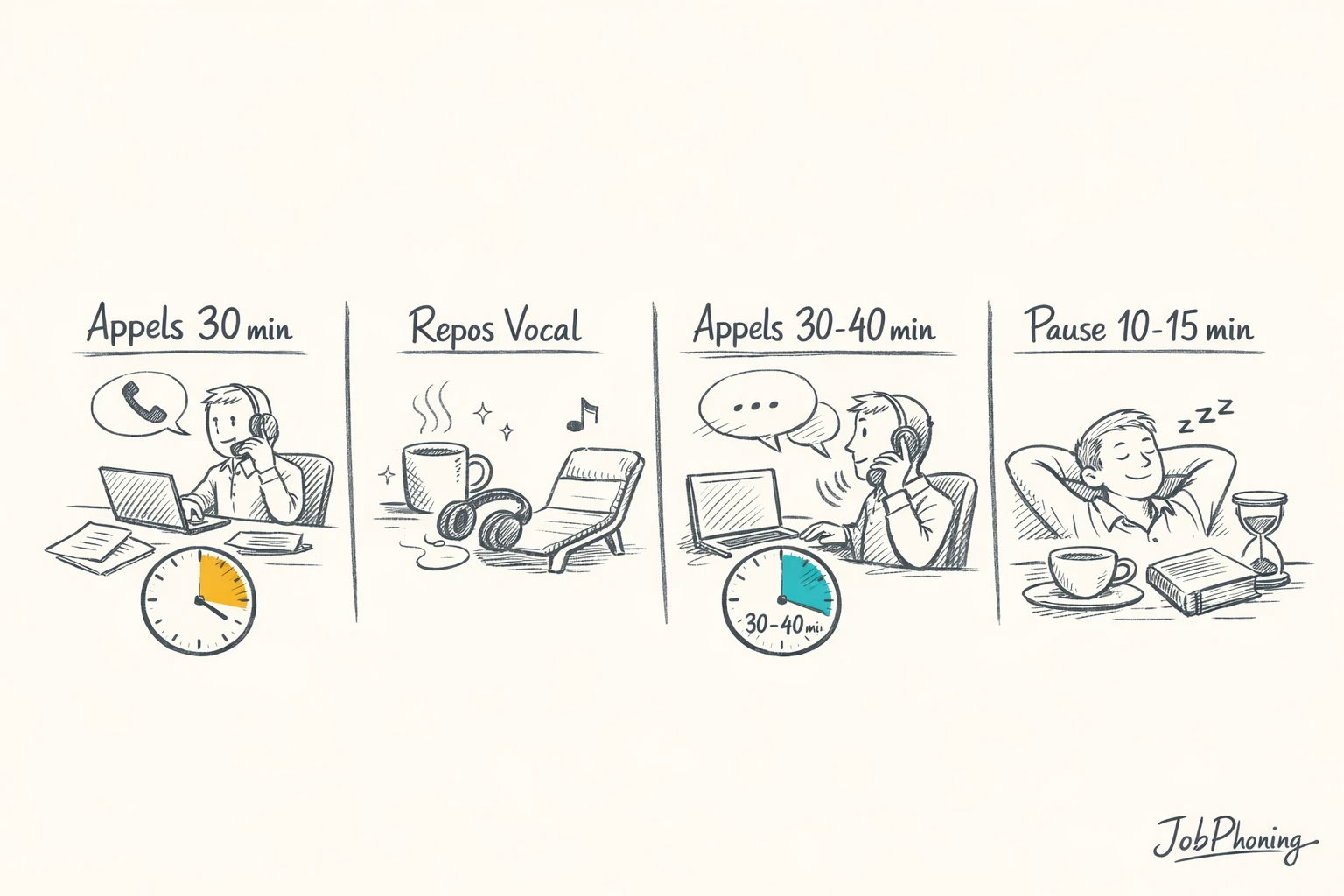 Schéma représentant l’organisation d’une journée d’appels via blocs colorés, flèches séquentielles et pauses illustrées abstraitement.