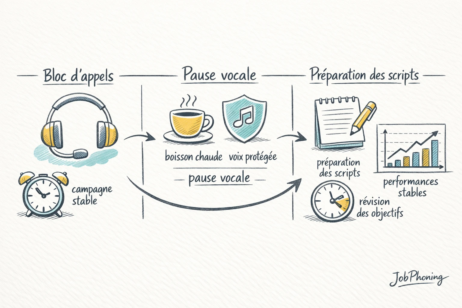 Schéma représentant l’organisation des appels via calendrier structuré, jauge circulaire et blocs de suivi.