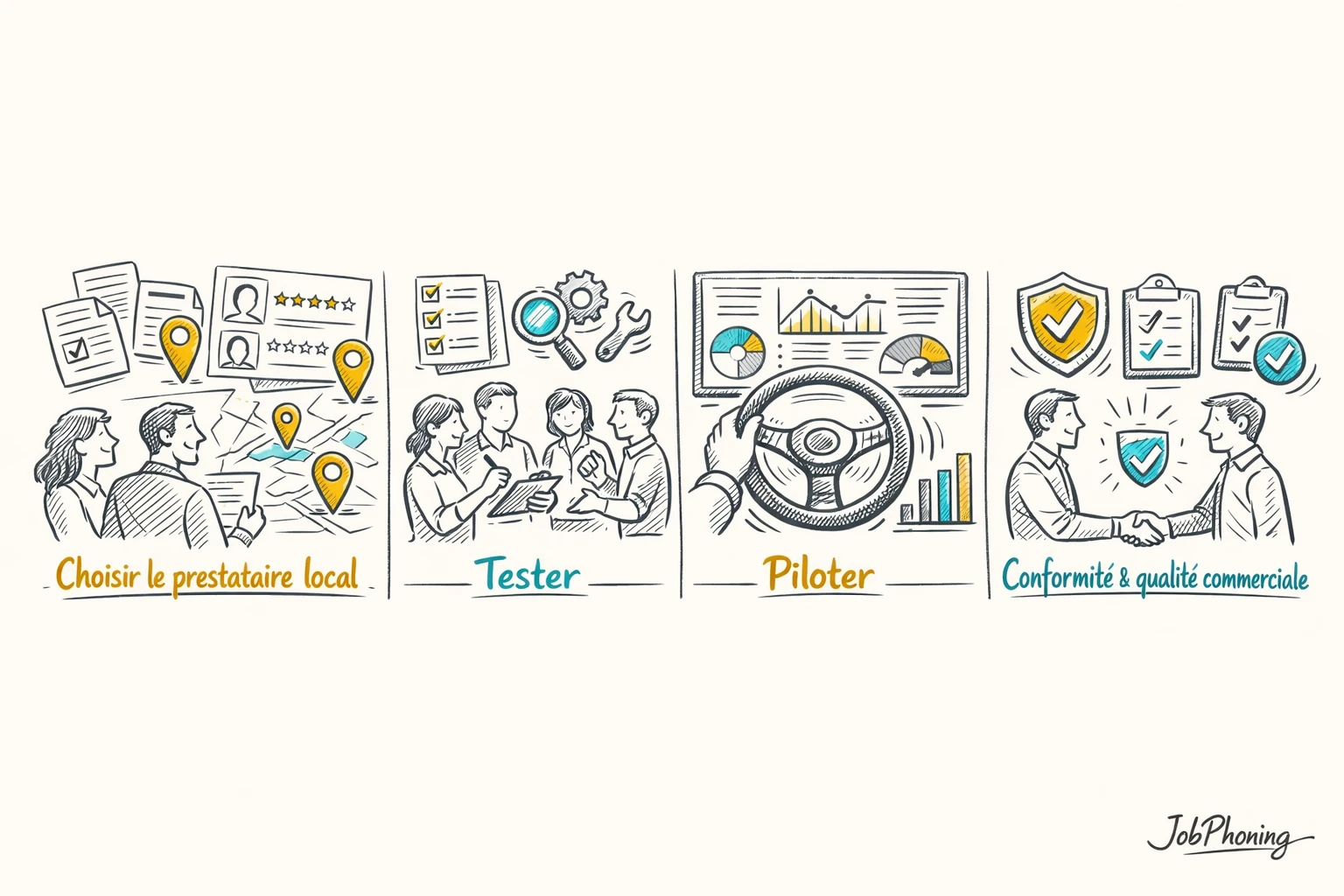 Schéma représentant la sélection d’un prestataire local via enchaînement de blocs reliés et flèches minimalistes.