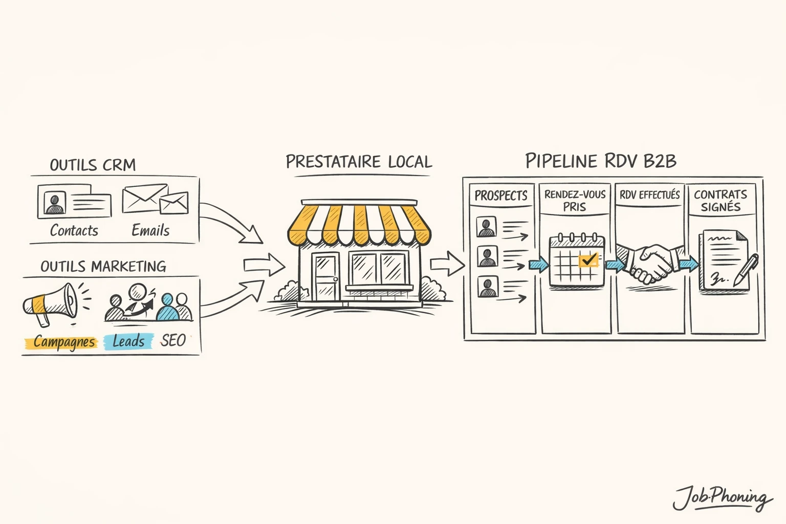 Schéma représentant l’intégration d’un partenaire local via pipeline central, modules CRM et blocs marketing interconnectés.