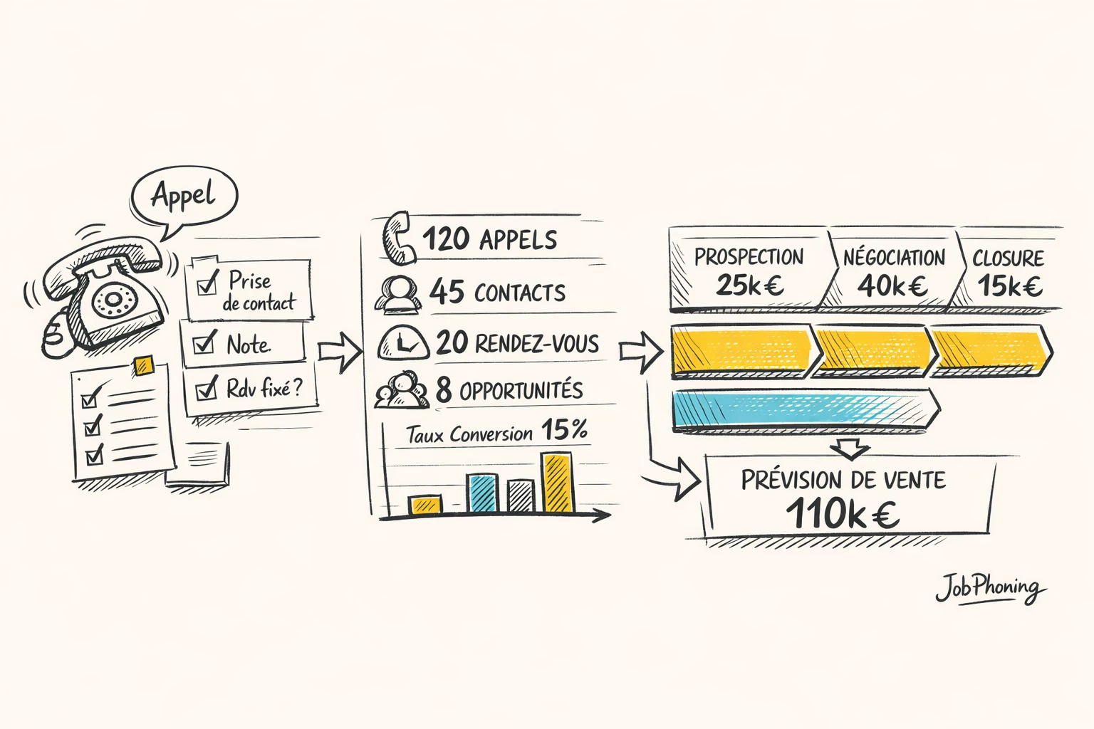 Schéma représentant la conversion des appels en pipeline commercial via flèches, blocs et segments géométriques