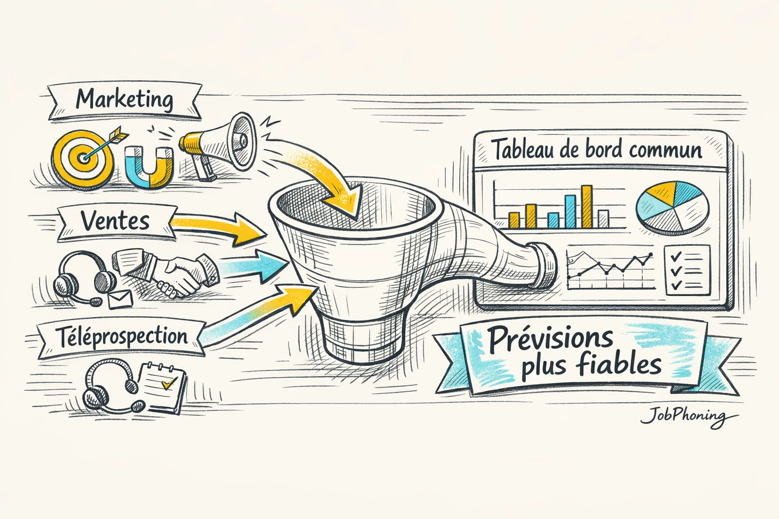 Schéma représentant l’intégration de la téléprospection au pipeline via pipeline, entonnoir, blocs reliés et tableau