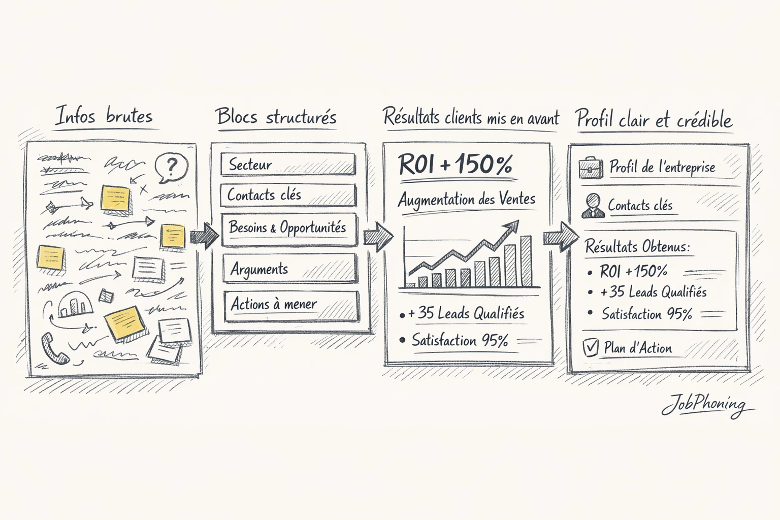 Schéma représentant la structuration d’un profil téléprospecteur via enchaînement de blocs reliés par des flèches