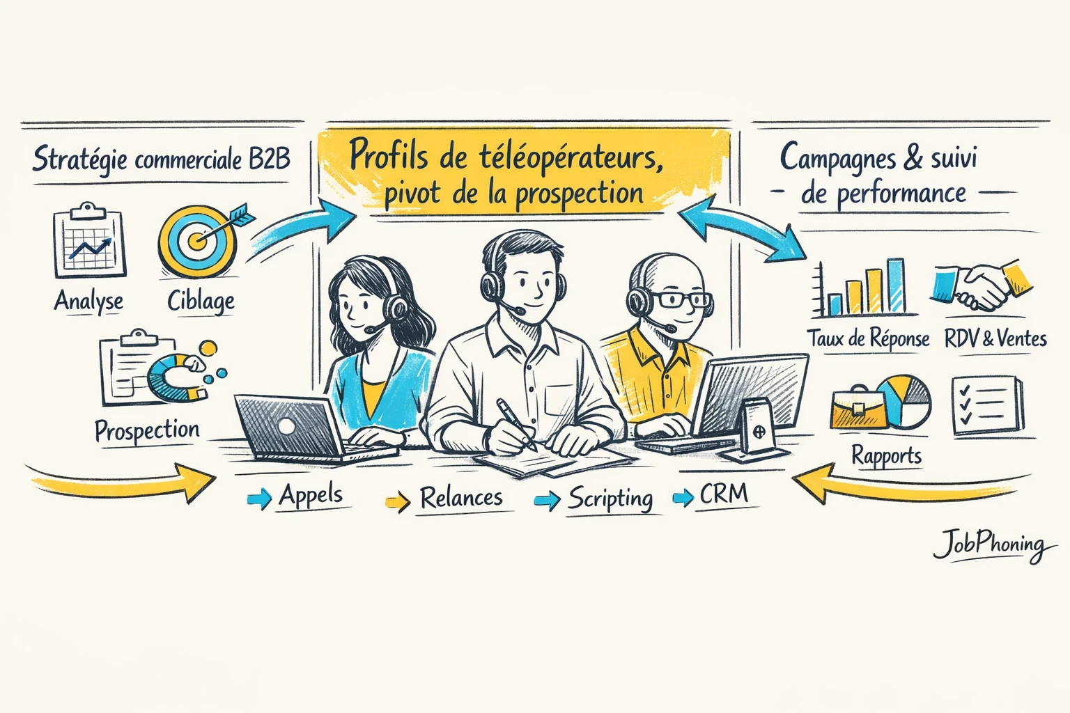 Schéma représentant l’intégration des profils de téléprospection via un noyau central connecté à plusieurs blocs