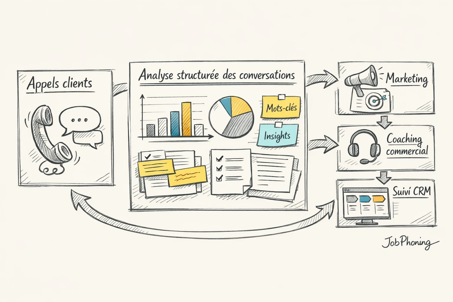 Schéma représentant l’intégration de l’écoute d’appels via flux entre marketing, téléprospection et CRM.