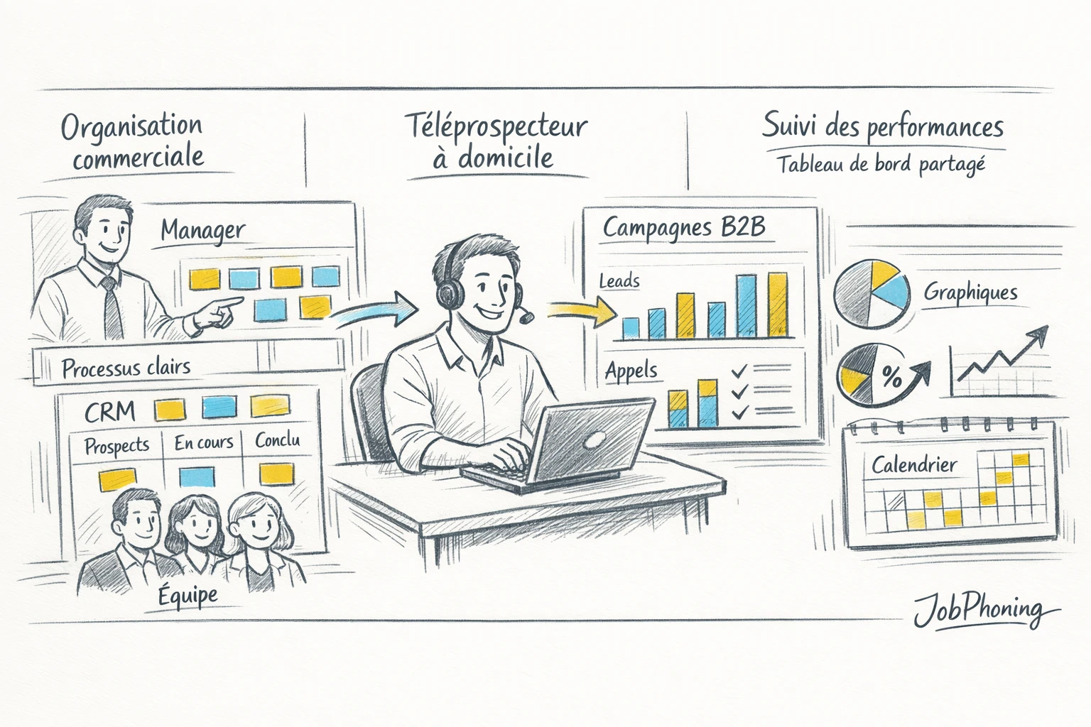 Schéma représentant l’intégration d’un téléprospecteur à distance via hub central, pipelines et tableaux de bord