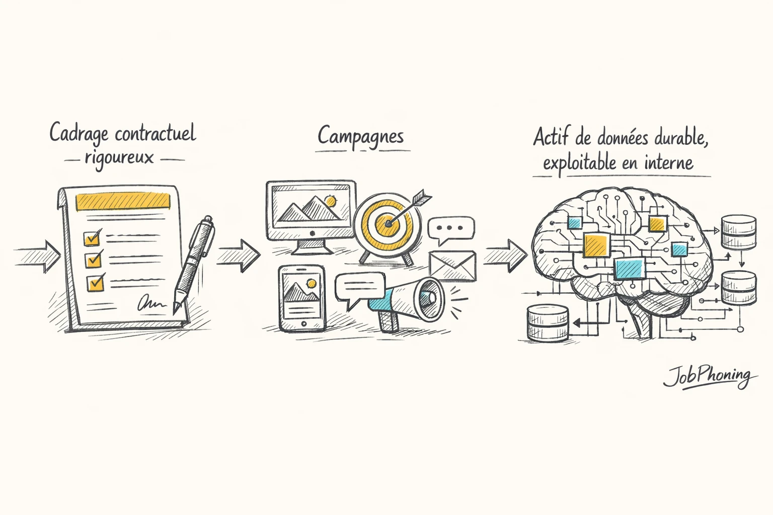 Schéma représentant la sécurisation contractuelle des données via rectangles reliés, dossiers, cylindres de bases et
