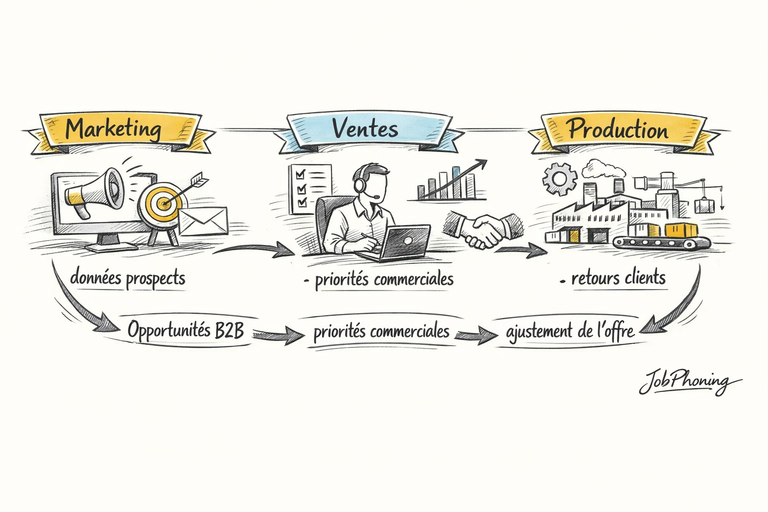 Schéma représentant la prospection structurée via un hub central relié à plusieurs blocs segmentés et