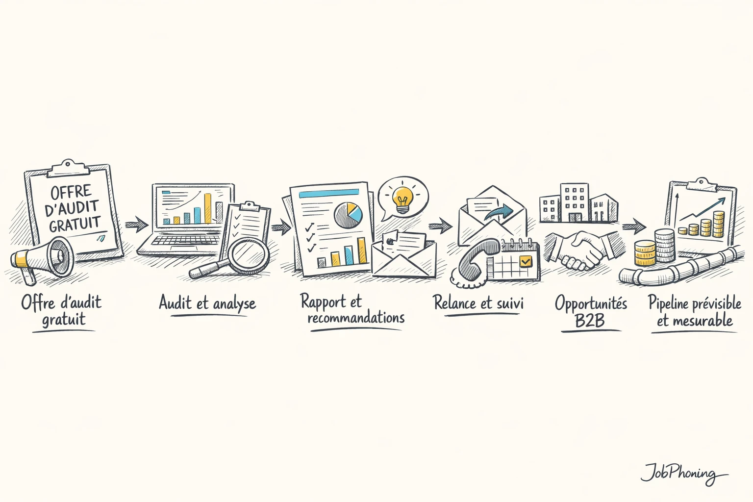 Schéma représentant un dispositif d’audit commercial structuré via blocs reliés et flèches minimalistes