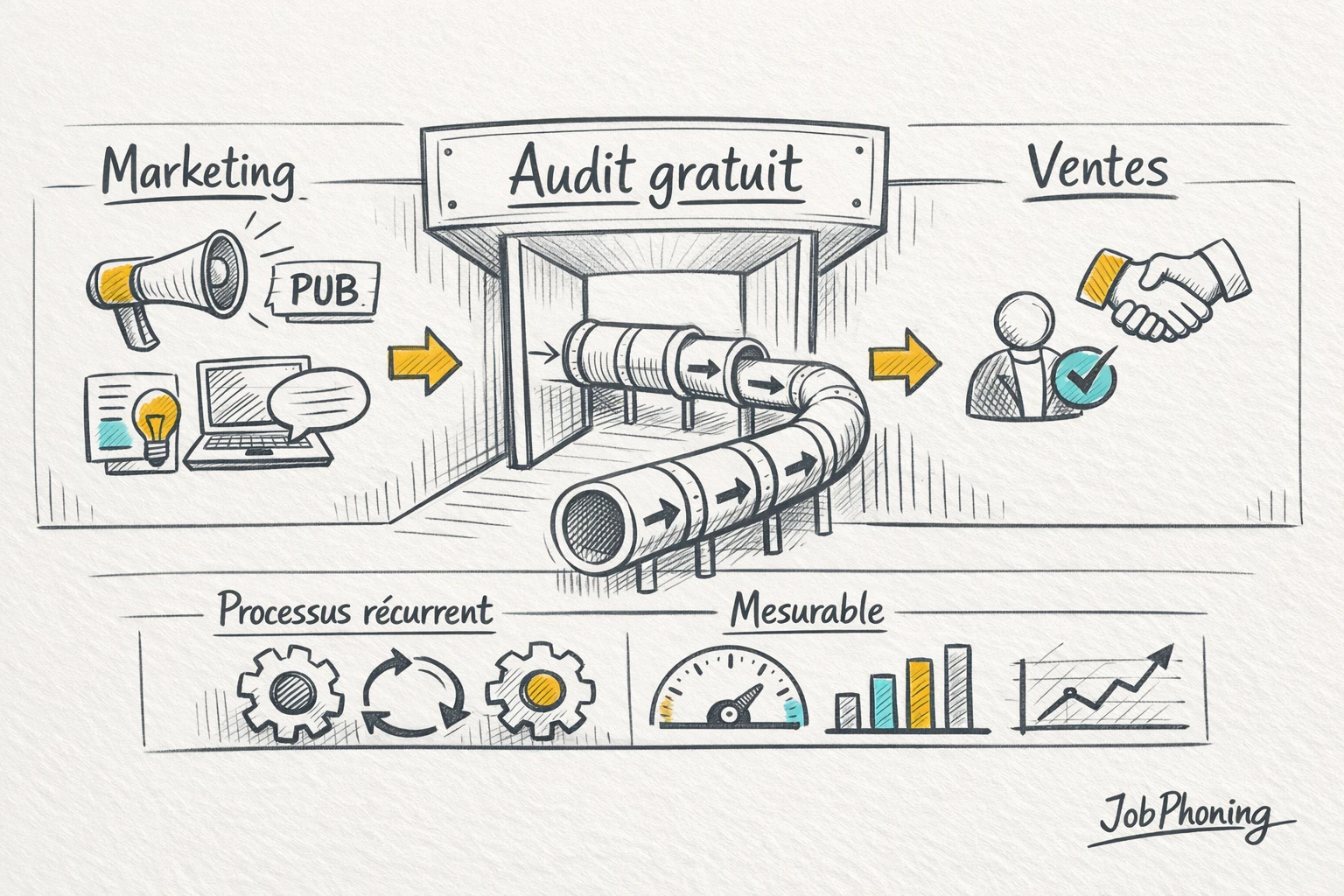 Schéma représentant l’intégration d’audits gratuits via pipeline central, blocs marketing et ventes reliés.
