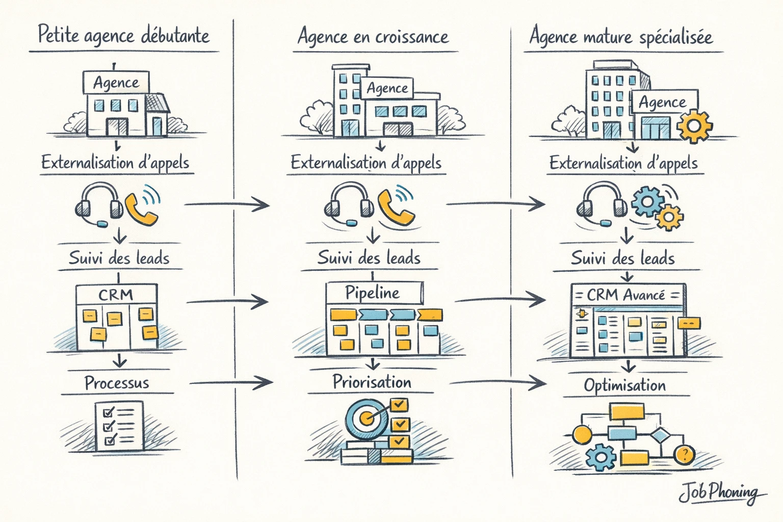 Infographie représentant différents usages de JobPhoning via colonnes comparant trois configurations d'agence