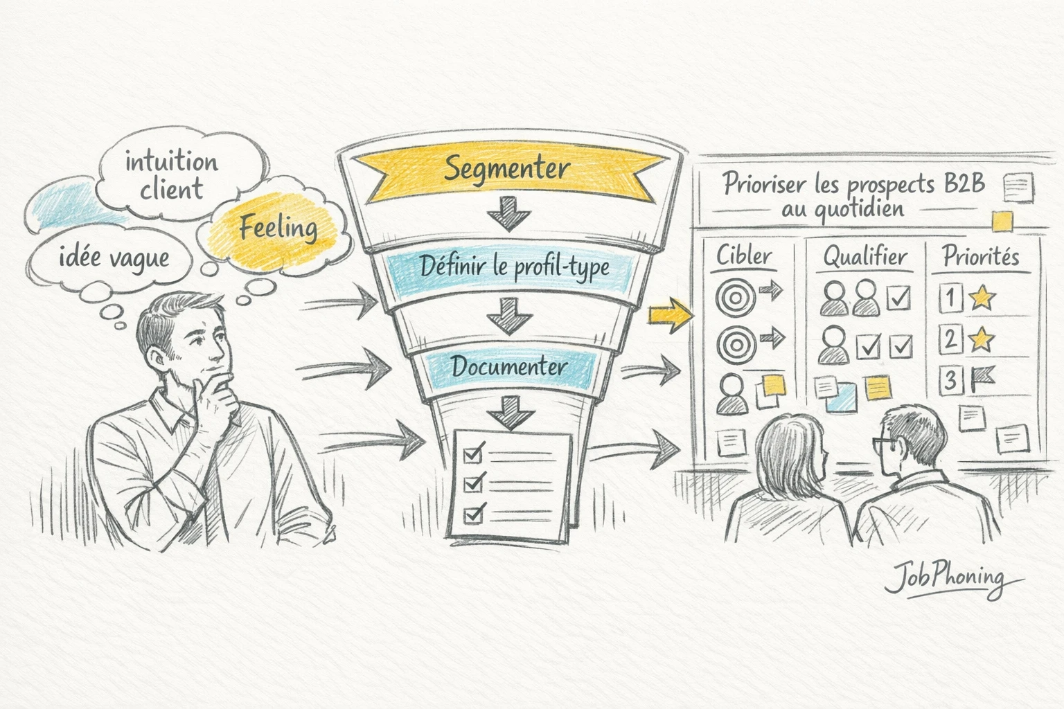 Schéma représentant la construction d’un client idéal via blocs alignés et flèches successives