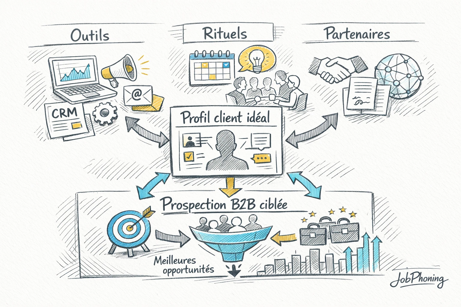 Schéma représentant l’ancrage du client idéal via un noyau central relié à plusieurs blocs organisationnels.