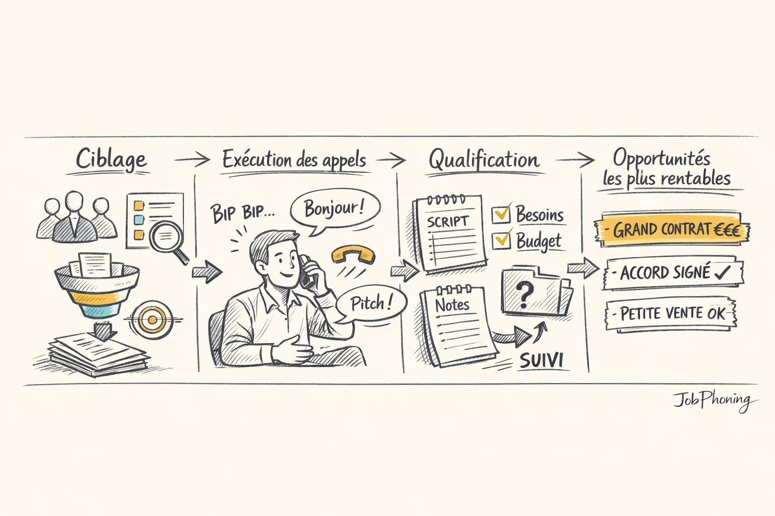 Schéma représentant un processus de prospection agences web via rectangles successifs et flèches reliant stratégie,