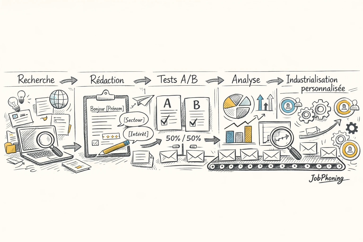 Schéma représentant l’élaboration de messages de prospection via blocs successifs et flèches minimalistes connectant les