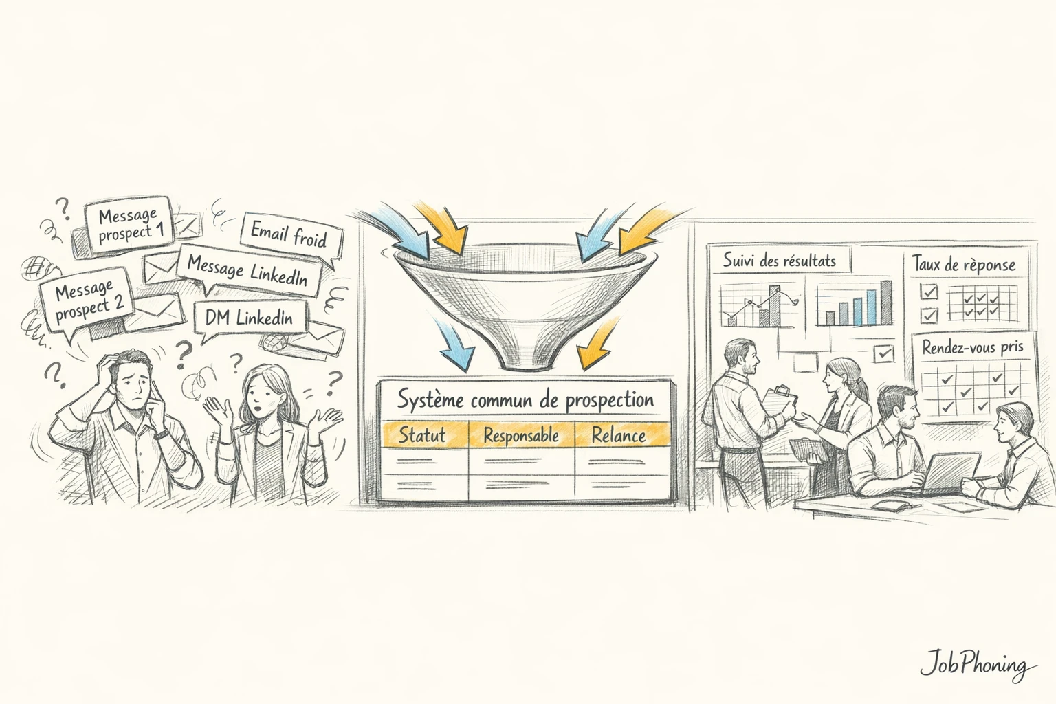 Infographie représentant l’intégration des messages de prospection via un hub central relié à plusieurs blocs.