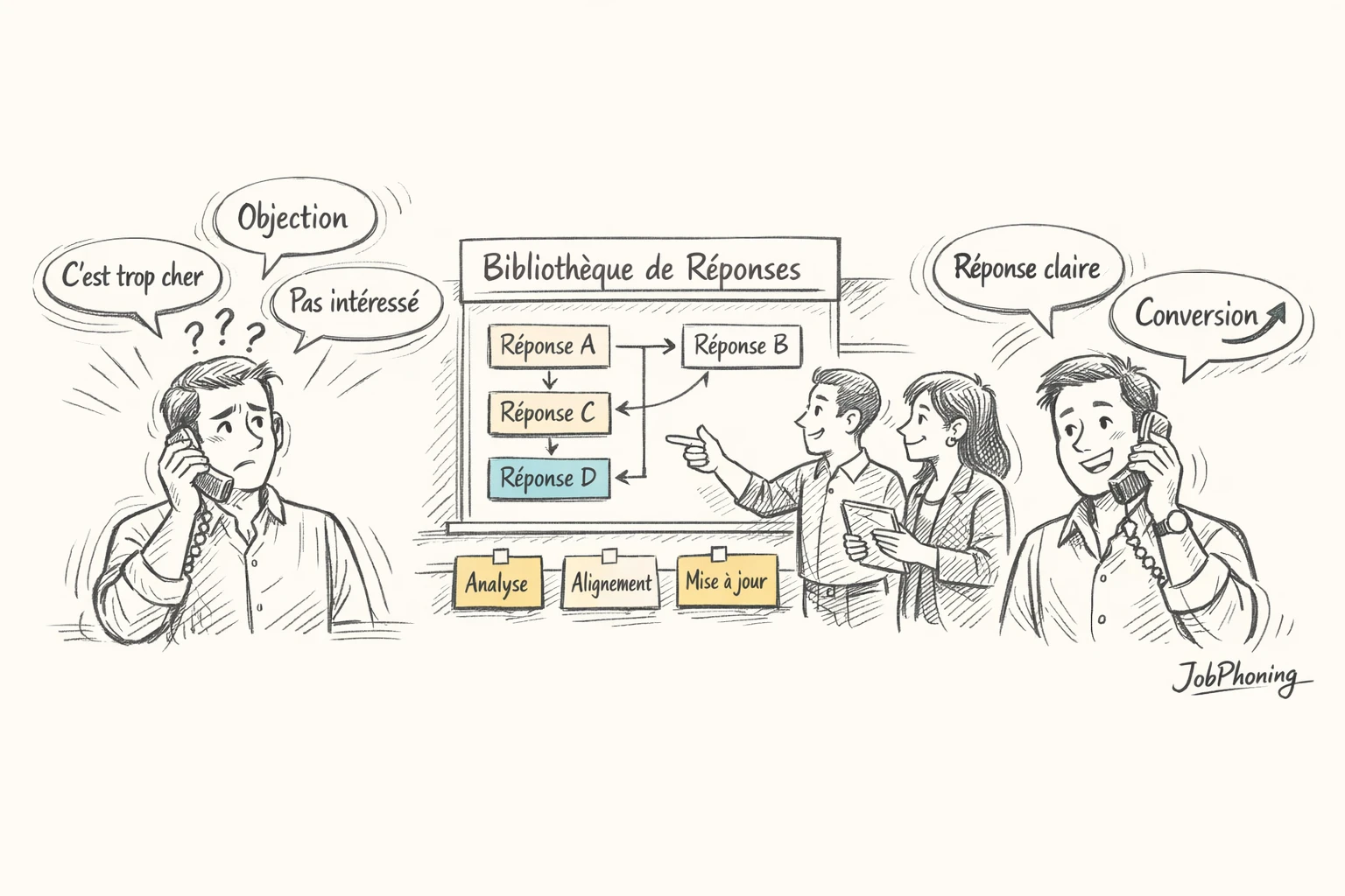 Schéma représentant la gestion structurée des objections via blocs reliés et flèches séquentielles.