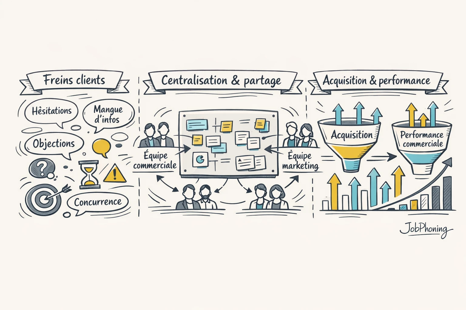 Schéma représentant la gestion des objections via un noyau central connecté à plusieurs blocs alignés.