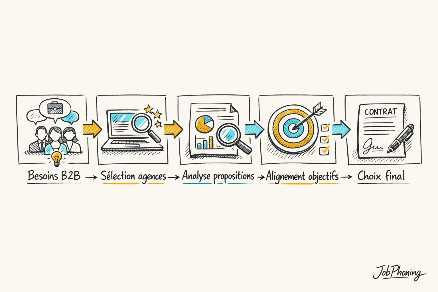 Schéma représentant le choix d’une agence web via étapes successives reliées par des flèches horizontales.