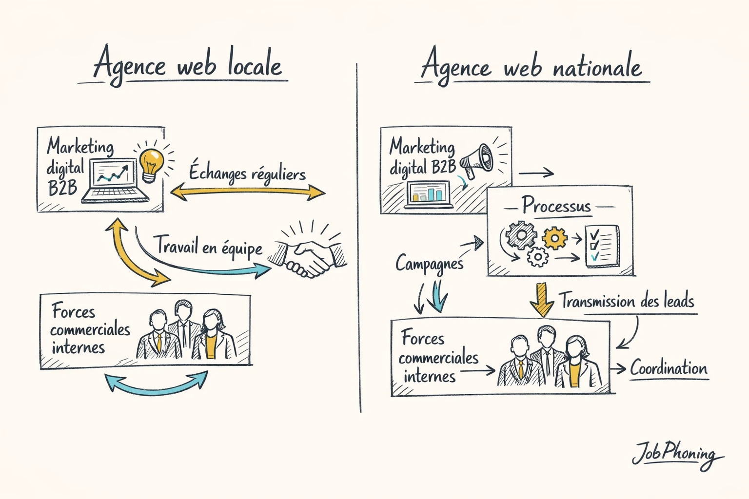 Infographie représentant l’impact du type d’agence web via deux réseaux géométriques connectés à un hub