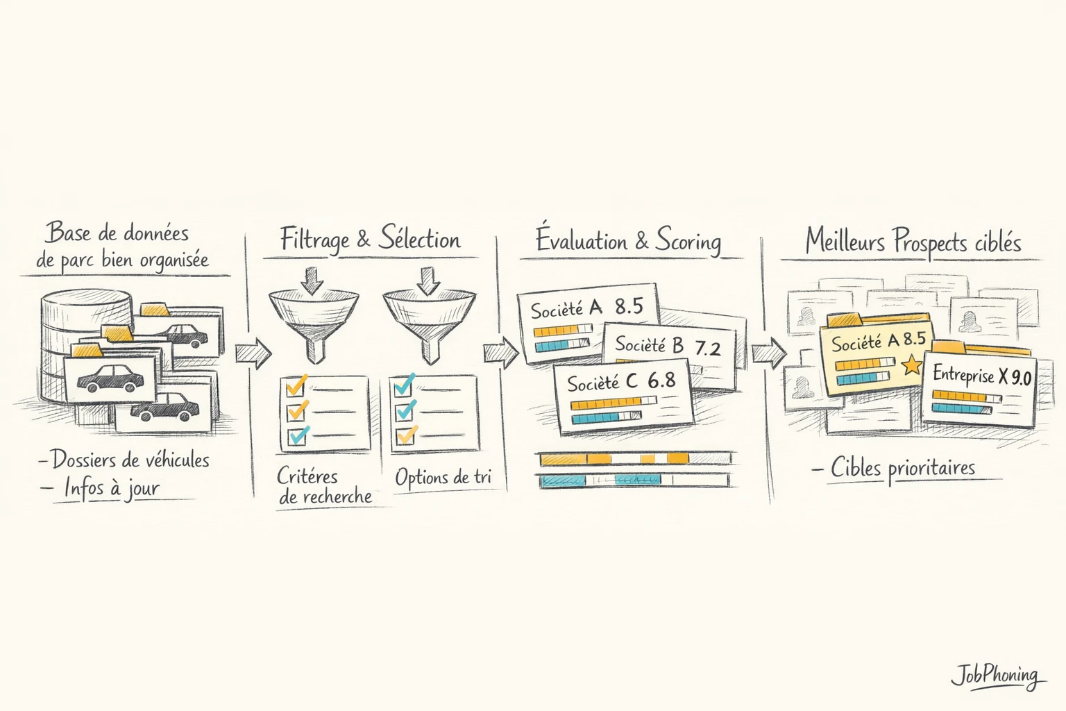 Schéma représentant la sélection de prospects flotte auto via base de données, filtres, scoring et