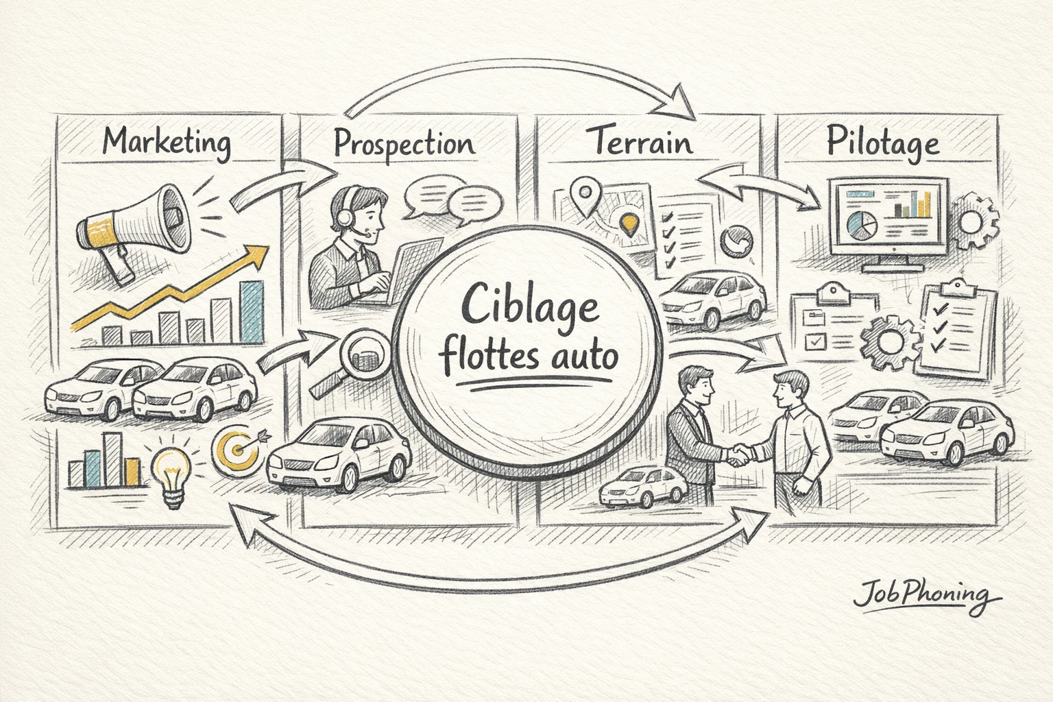 Schéma représentant le ciblage de flottes d’entreprise via hub central, flux et blocs alignés