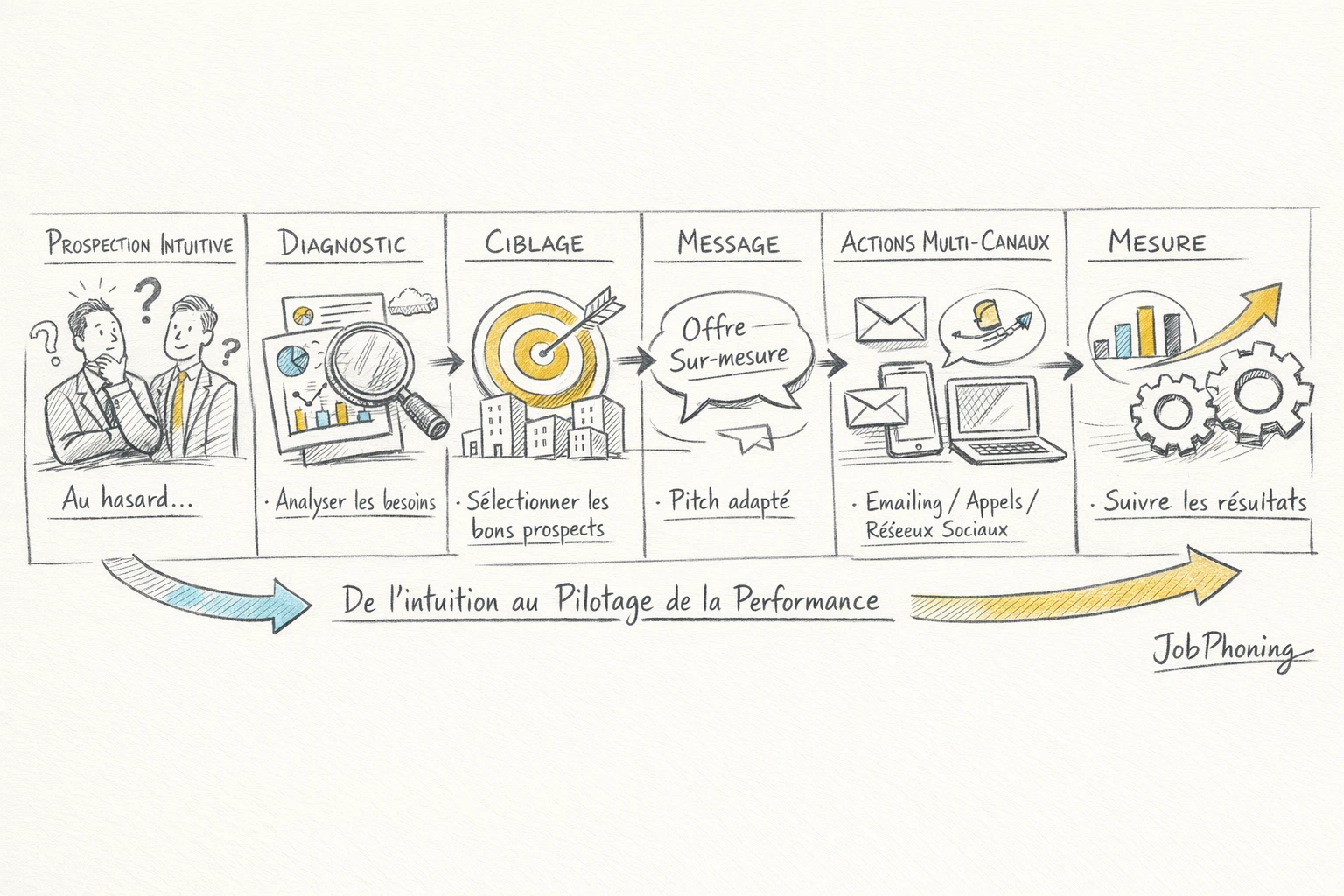 Schéma représentant une stratégie de prospection assurance B2B via enchaînement de blocs reliés et flèches
