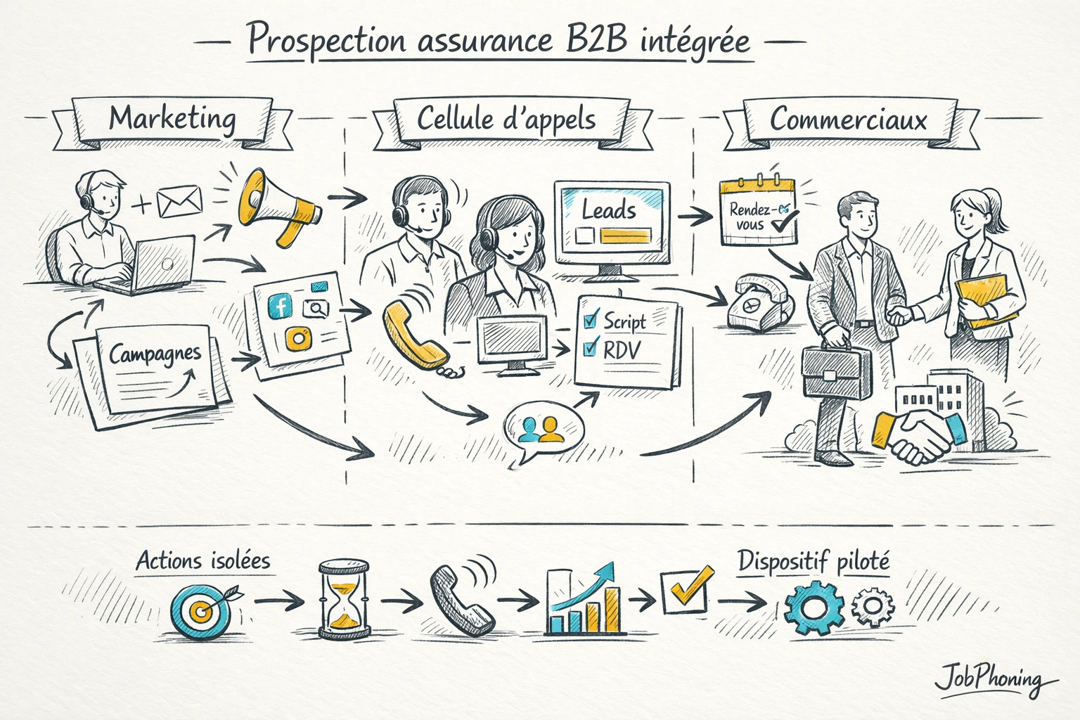 Schéma représentant la coordination de la prospection B2B via flux géométriques entre blocs interconnectés