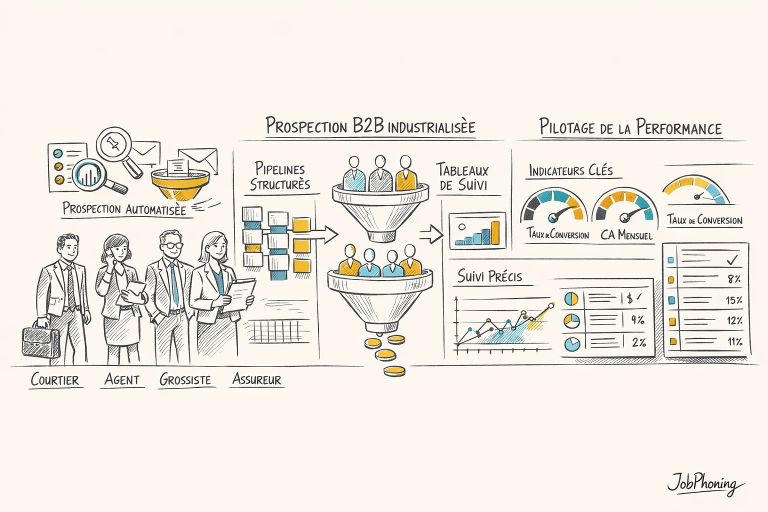 Infographie représentant trois scénarios de prospection assurance B2B via colonnes colorées et blocs reliés.