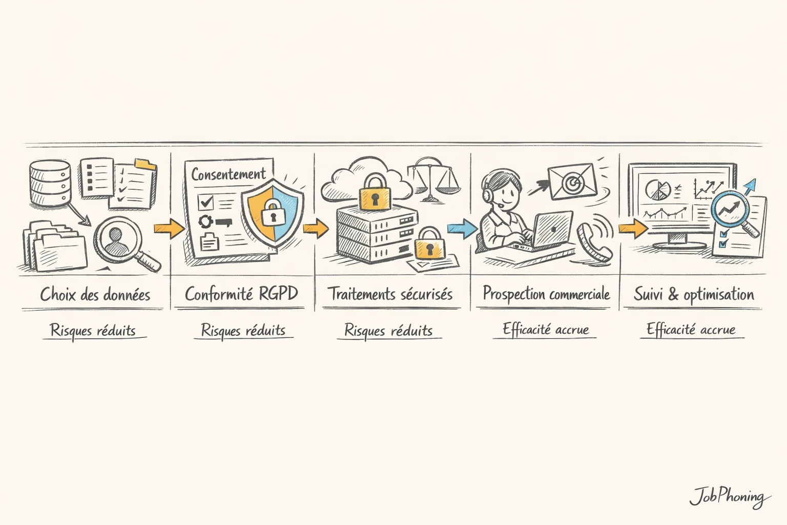 Schéma représentant la prospection assurance conforme au RGPD via un enchaînement d’icônes abstraites et flèches