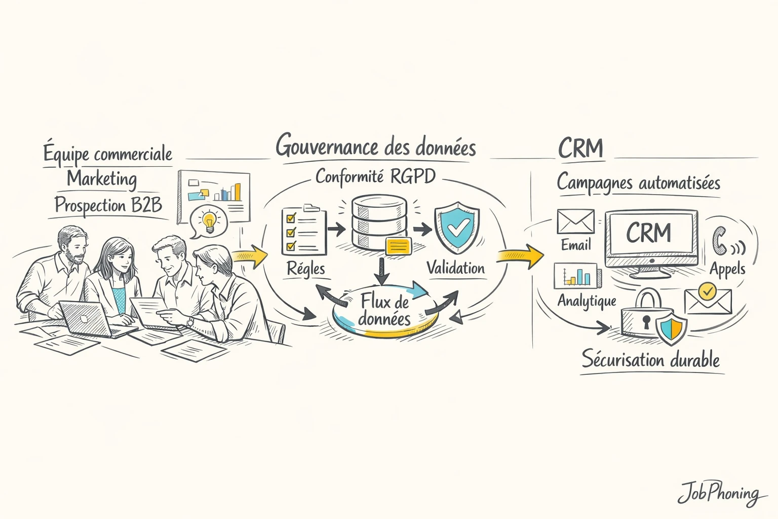 Infographie représentant la conformité RGPD via un bouclier central relié à plusieurs blocs organisés.
