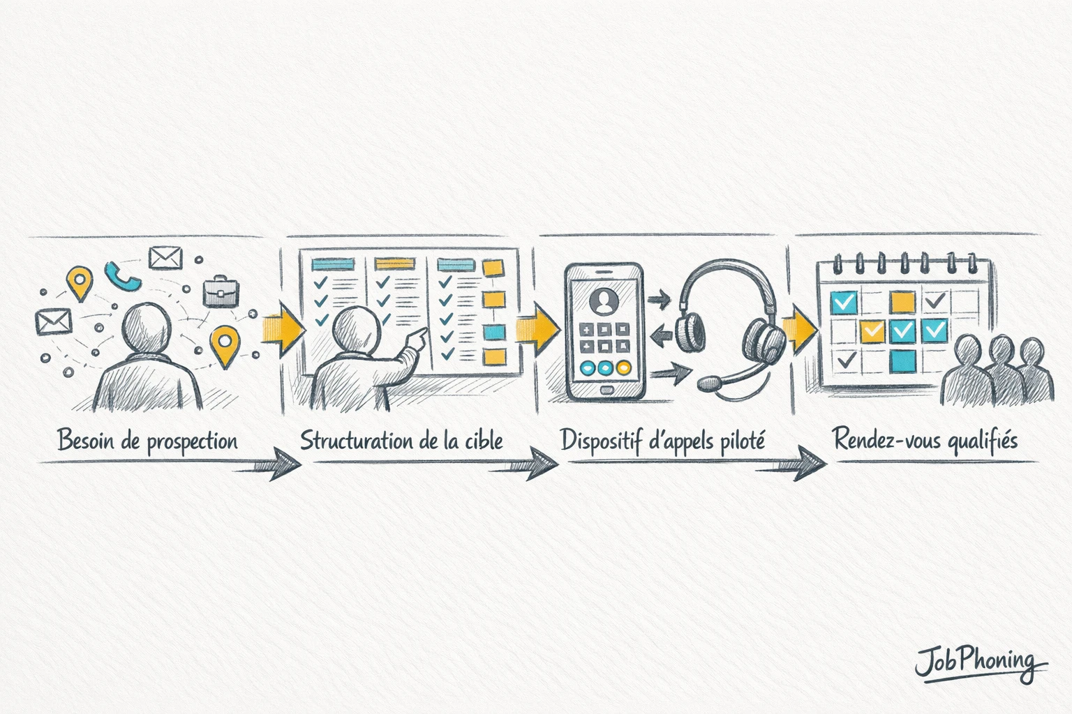 Schéma représentant l’organisation d’une campagne d’assurance via blocs reliés, flèches séquentielles et rectangles bleus connectés