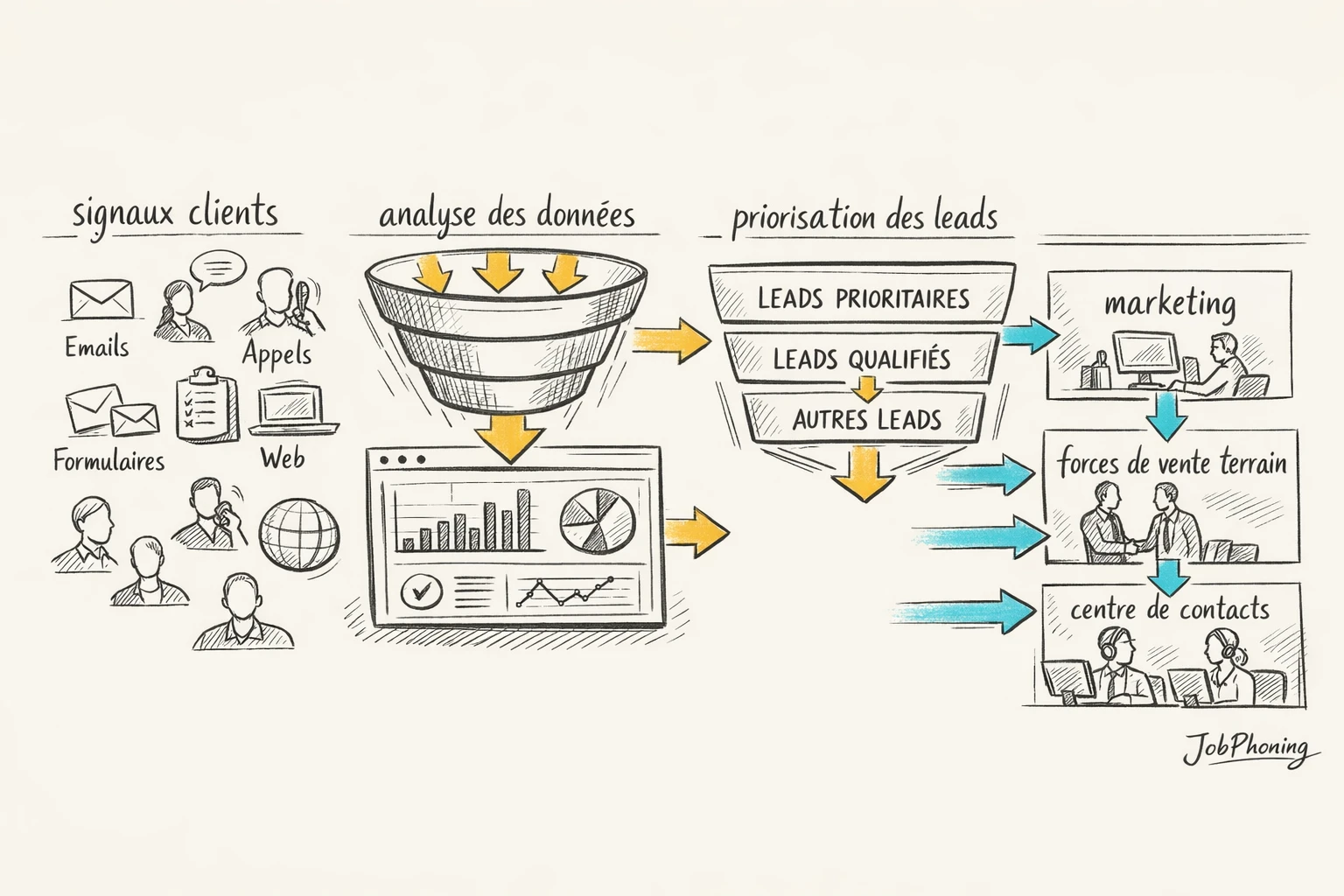 Schéma représentant le traitement de signaux clients en flux de prospection via blocs reliés et