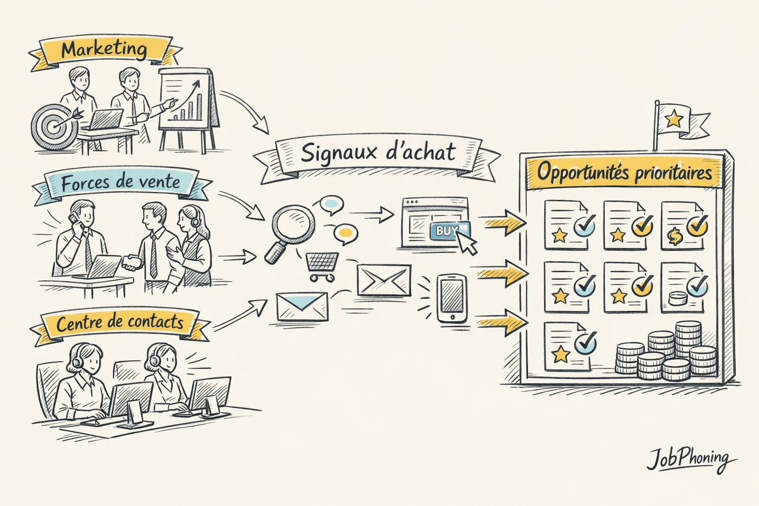 Schéma représentant l’alignement marketing, ventes et centre de contacts via un noyau central connecté à