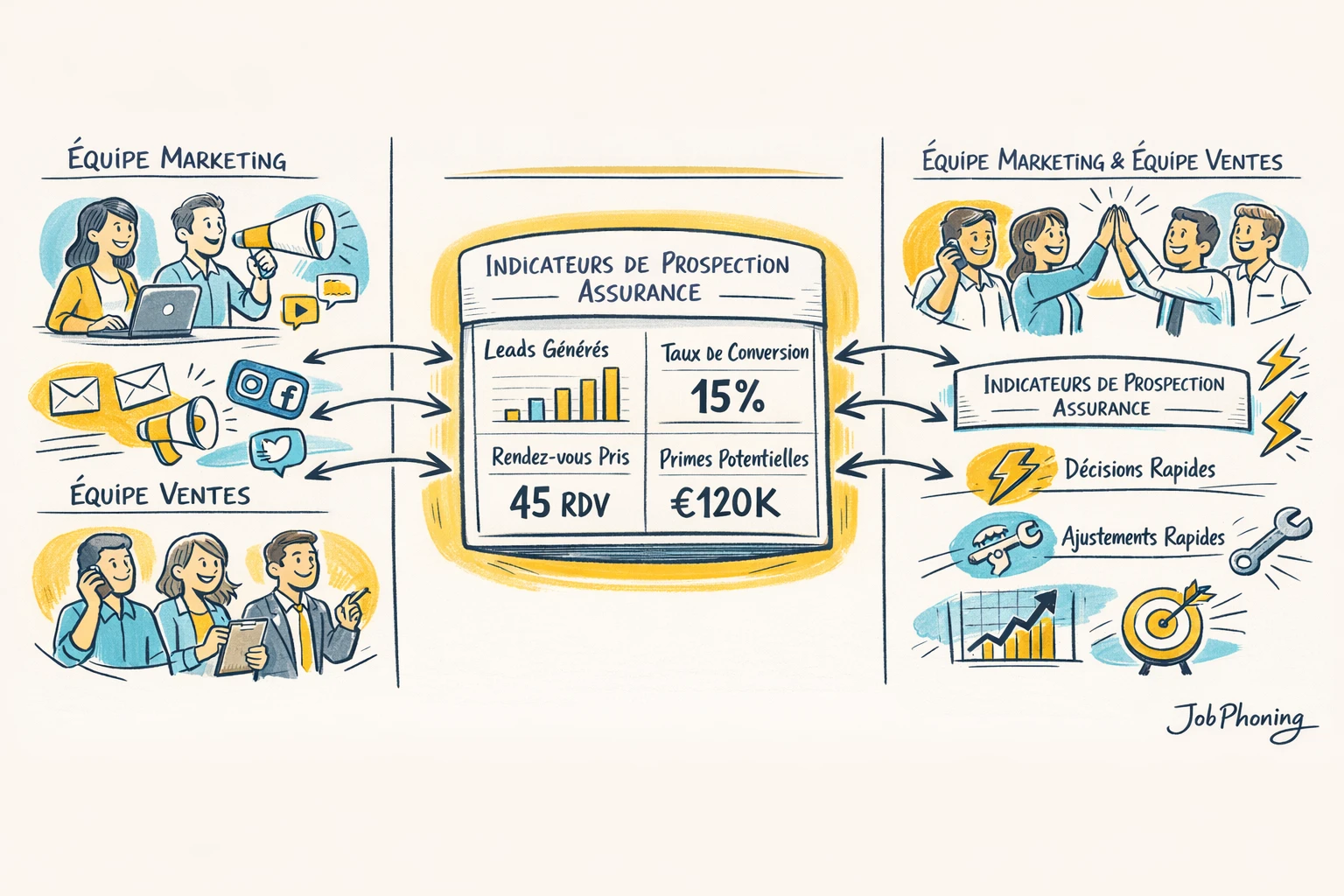 Schéma représentant l’intégration d’indicateurs de prospection via hub central, équipes connectées et boucles de feedback