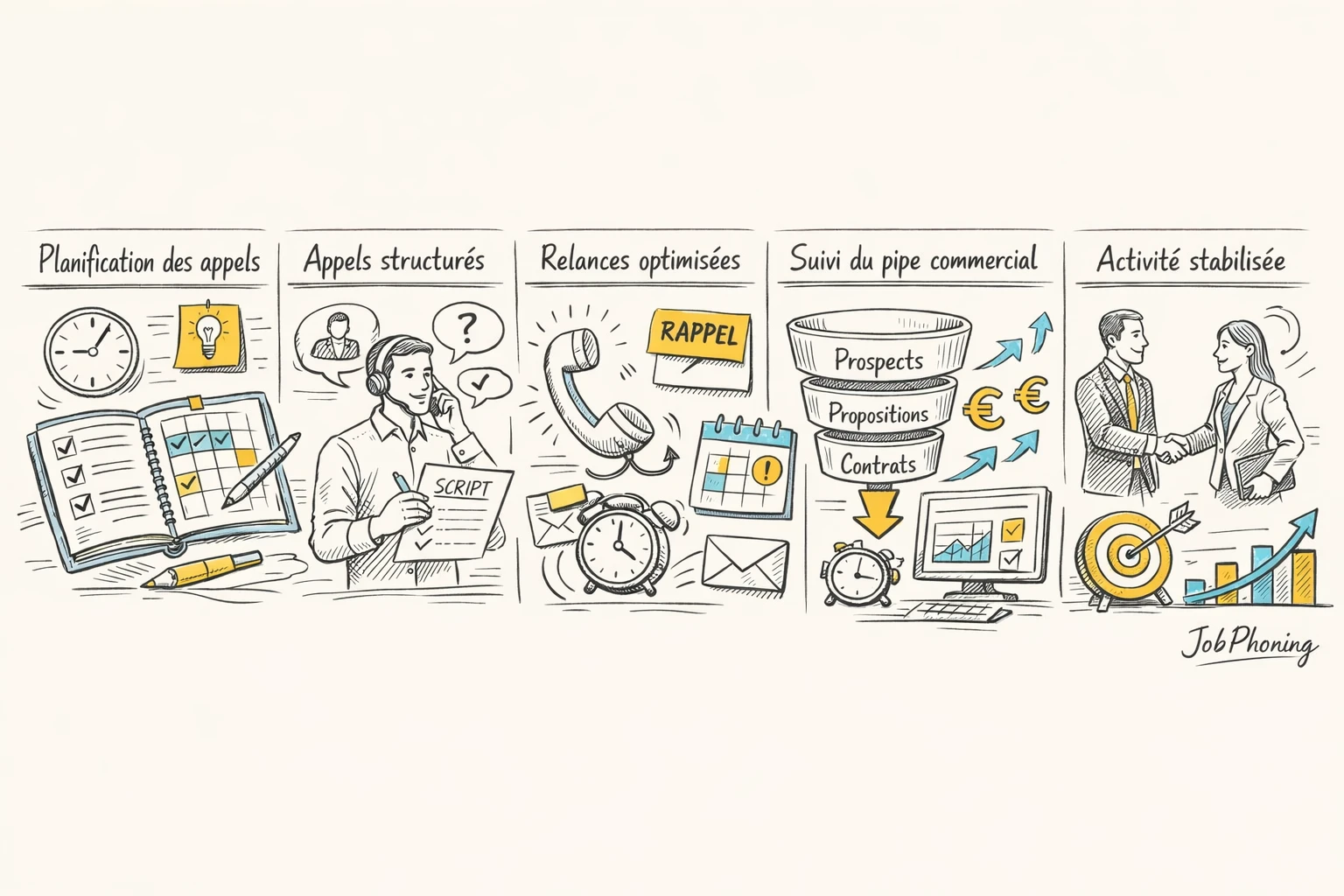 Schéma représentant le parcours d’appels de prospection assurance via rectangles reliés et flèches organisées.