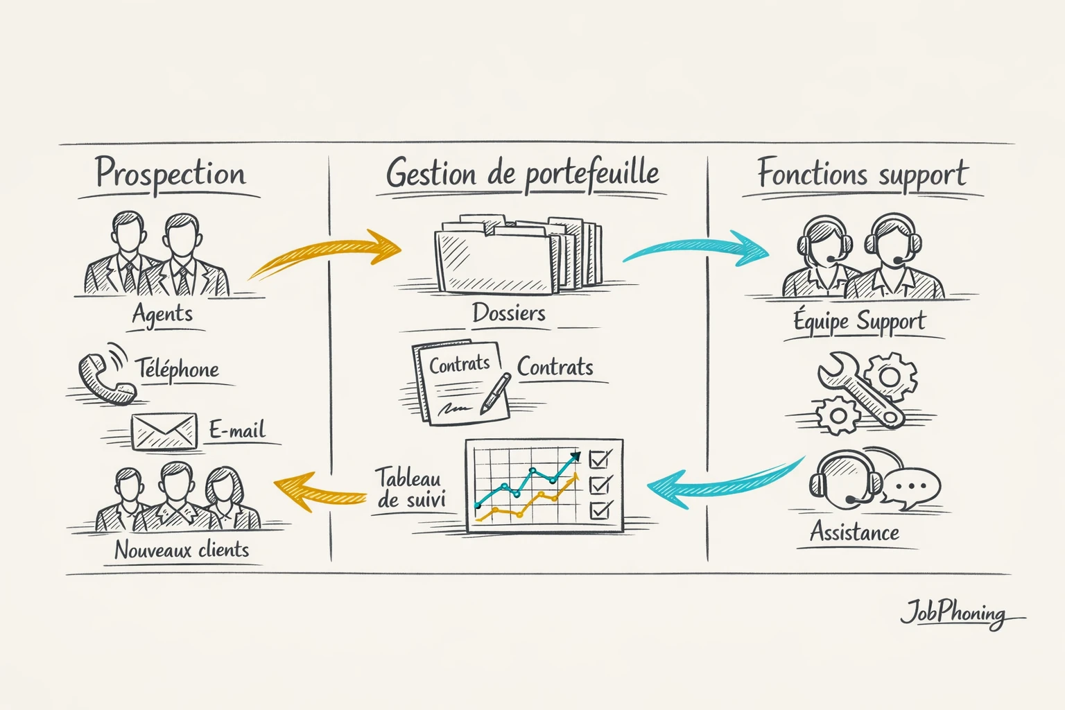 Schéma représentant l’intégration de la prospection assurance via un noyau central relié à plusieurs blocs