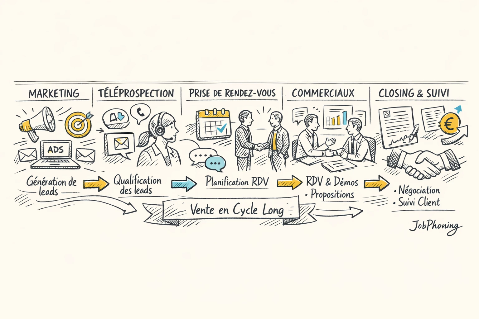 Schéma représentant la coordination marketing-commercial via pipeline d’opportunités et blocs reliés par flèches simplifiées