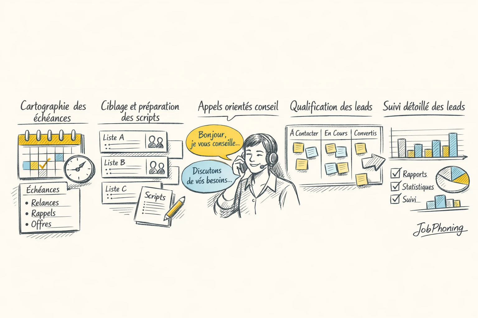 Schéma représentant une campagne téléphonique conseil via enchaînement de blocs et flèches minimalistes