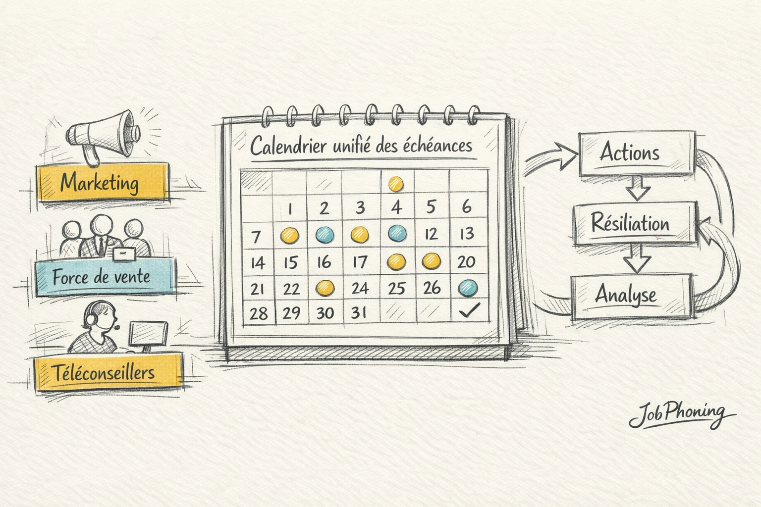 Schéma représentant la coordination des équipes autour des résiliations via un calendrier central et des