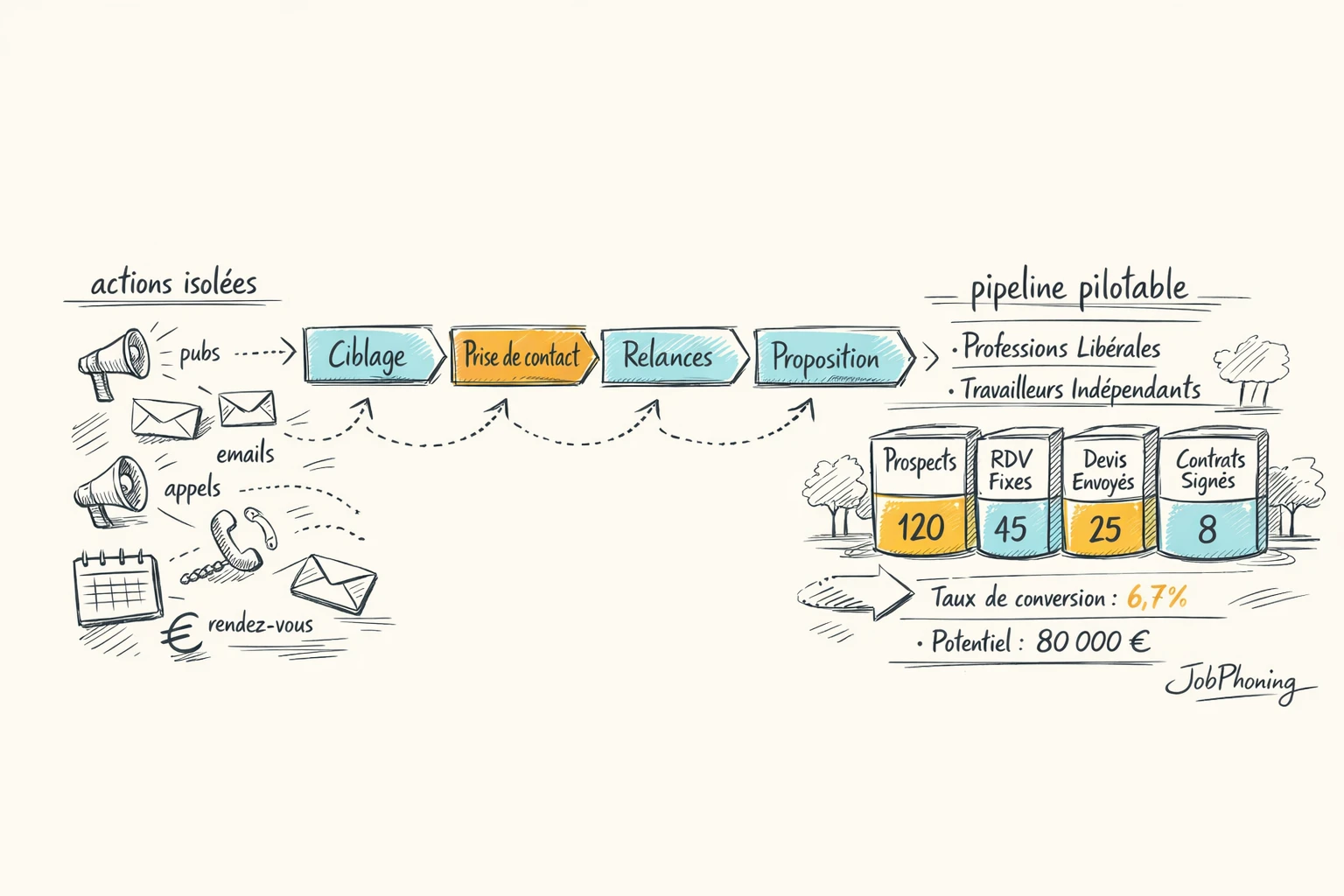 Schéma représentant un tunnel de prospection assurance structuré via enchaînement de blocs reliés par des