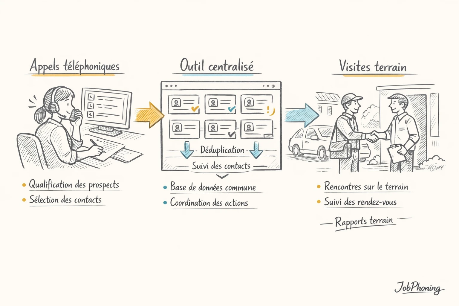 Schéma représentant la coordination terrain-téléphone via un pipeline central et des nœuds reliés