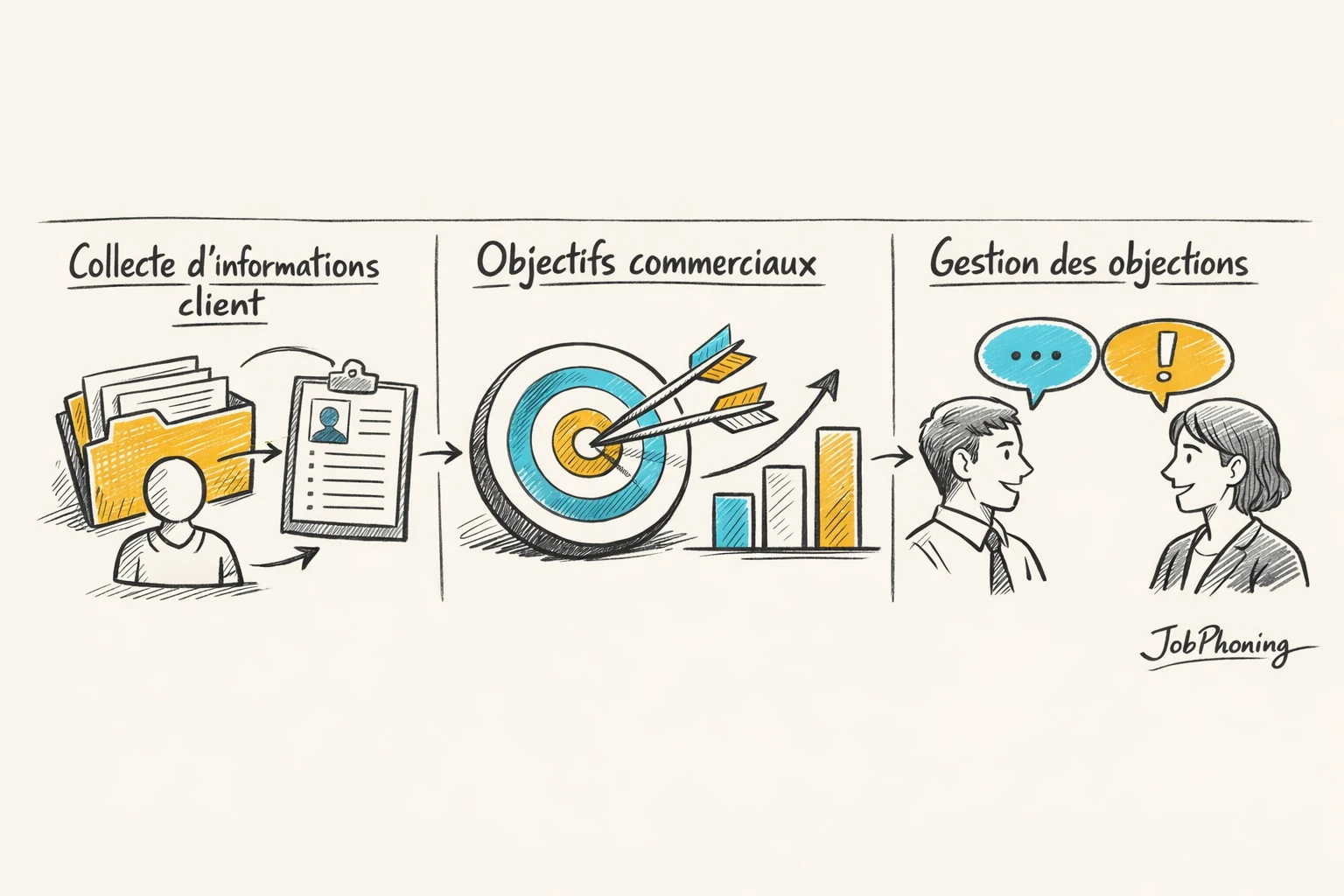 Schéma représentant la préparation d’un rendez-vous assurance via blocs reliés en séquence